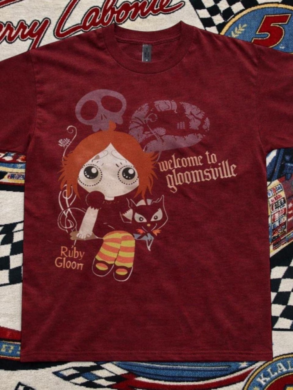 Gildan Maroon Ruby Gloom Graphic Tee with Orange Hair and Yellow Striped Legs